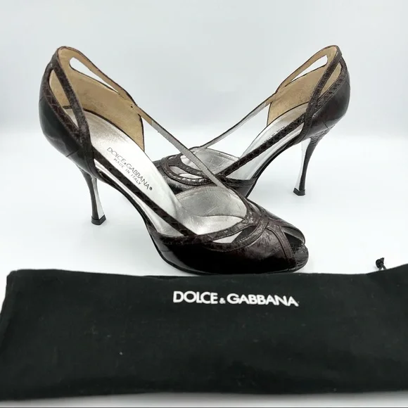 Dolce & Gabbana Croc Embossed Brown Leather Heels With Dust Bag EU36.5/US6.5 - Picture 2 of 10